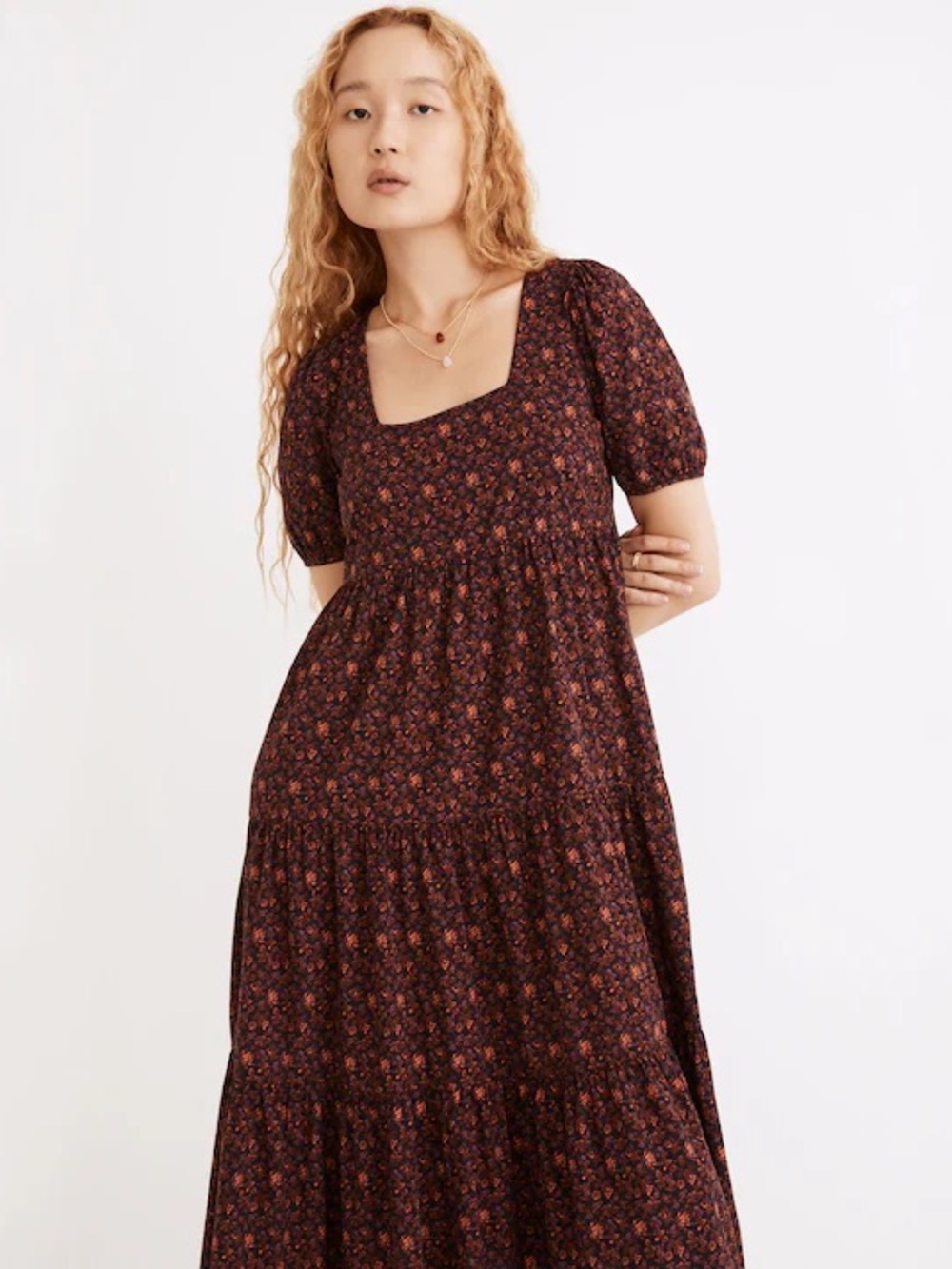 Smocked Square-Neck Floral Maxi Dress - Black with Rust Floral
